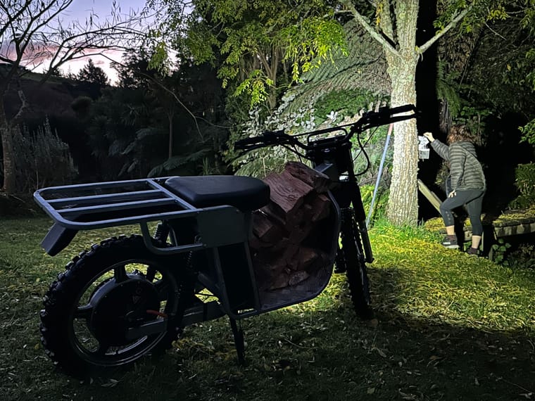 Galvbike loaded with firewood on its rear deck